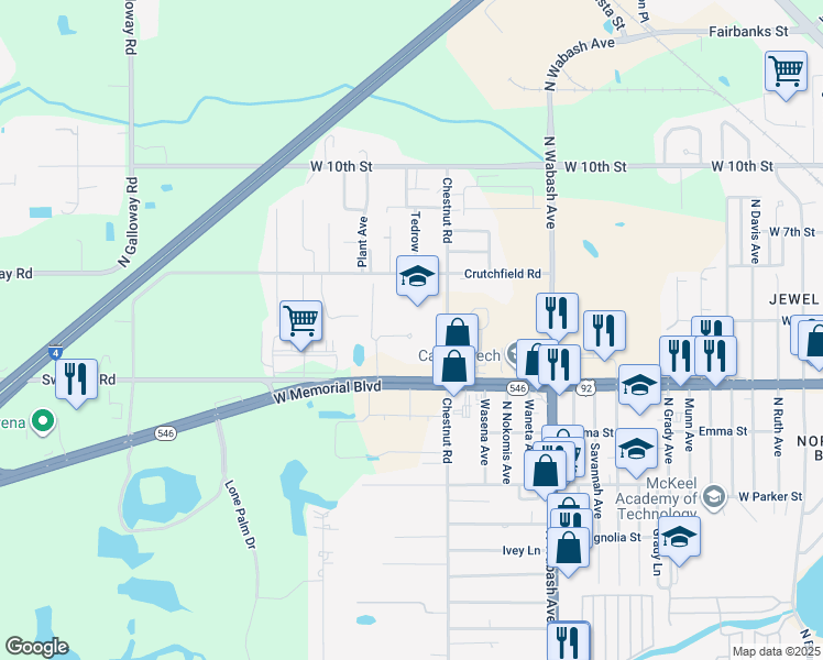 map of restaurants, bars, coffee shops, grocery stores, and more near 2600 Crutchfield Road in Lakeland