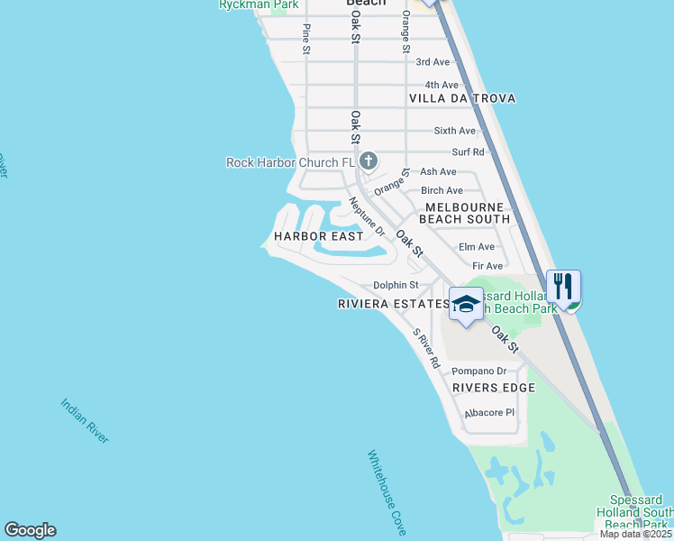map of restaurants, bars, coffee shops, grocery stores, and more near 415 Riverview Lane in Melbourne Beach
