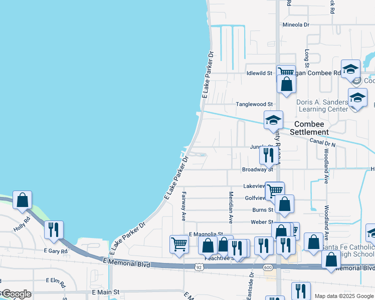map of restaurants, bars, coffee shops, grocery stores, and more near 1000-1090 E Lake Parker Dr in Lakeland