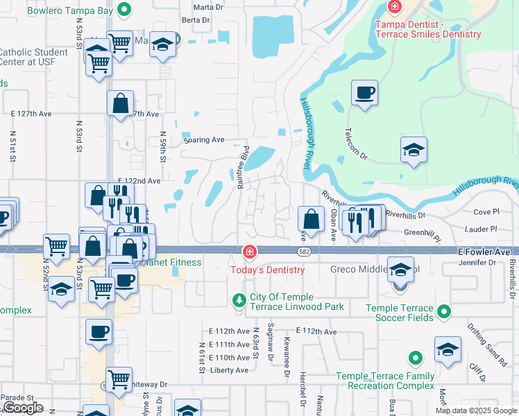 map of restaurants, bars, coffee shops, grocery stores, and more near 11801 Raintree Drive in Temple Terrace