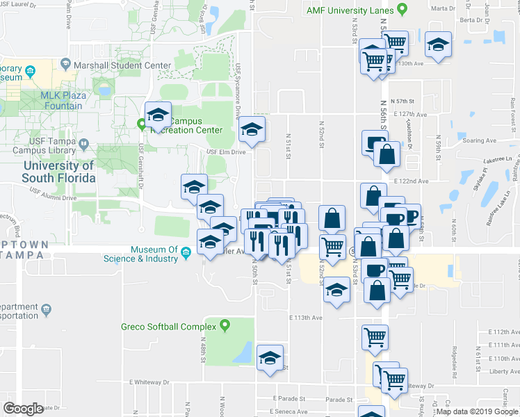 map of restaurants, bars, coffee shops, grocery stores, and more near 11711 North 50th Street in Tampa