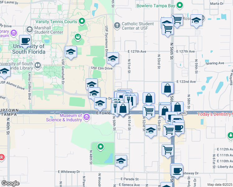 map of restaurants, bars, coffee shops, grocery stores, and more near 5011 Terrace Palms Circle in Tampa