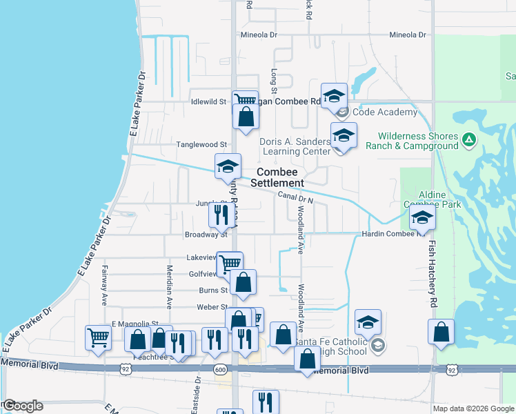 map of restaurants, bars, coffee shops, grocery stores, and more near 2648 East Jungle Street in Lakeland