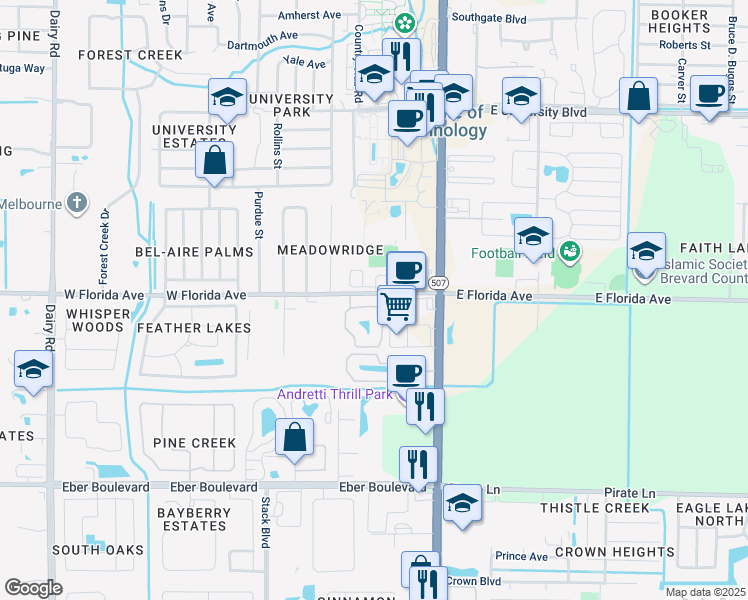 map of restaurants, bars, coffee shops, grocery stores, and more near 3511 D'Avinci Way in Melbourne