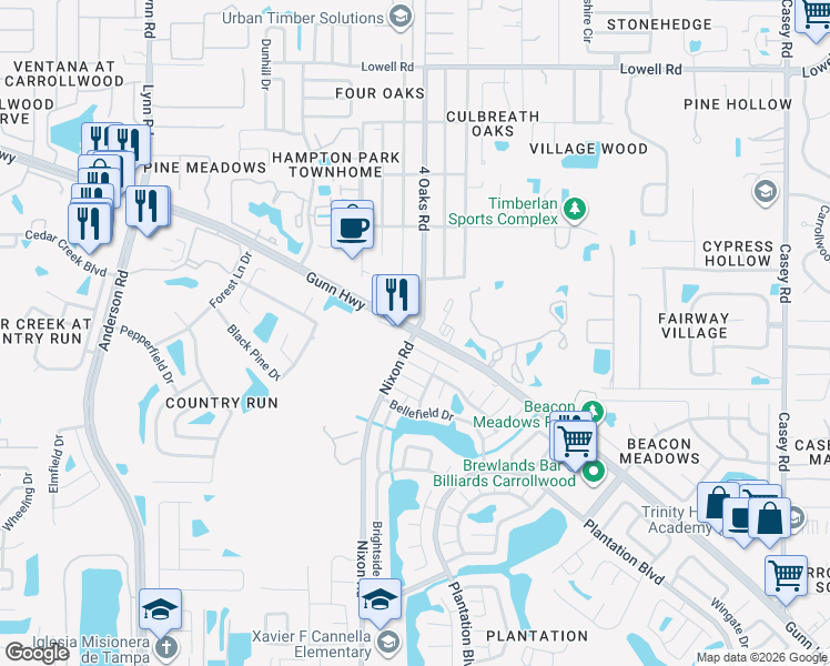 map of restaurants, bars, coffee shops, grocery stores, and more near Gunn Hwy & Nixon Rd in Tampa