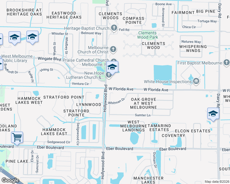 map of restaurants, bars, coffee shops, grocery stores, and more near 890 Hollywood Boulevard in Melbourne