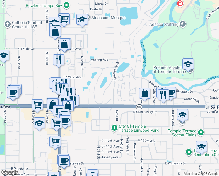 map of restaurants, bars, coffee shops, grocery stores, and more near 11809 Raintree Lake Lane in Tampa