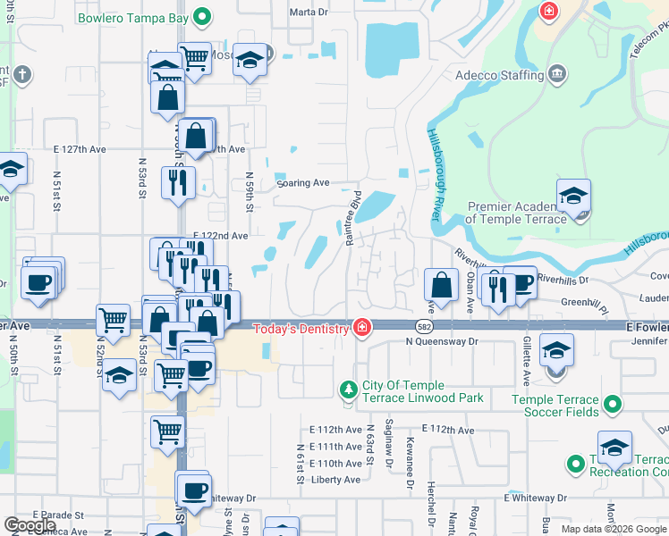 map of restaurants, bars, coffee shops, grocery stores, and more near 11820 Raintree Lake Lane in Tampa