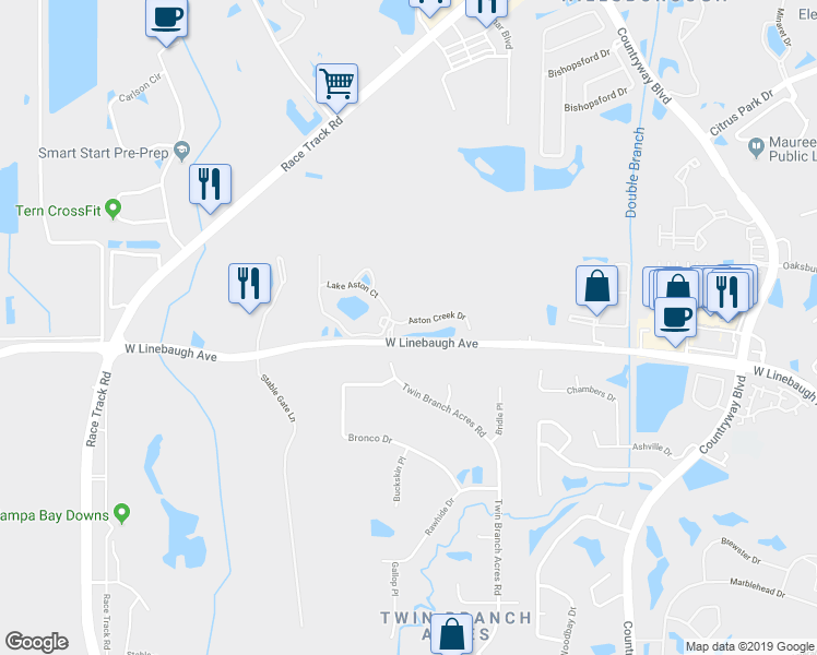 map of restaurants, bars, coffee shops, grocery stores, and more near 12752 Aston Creek Drive in Tampa