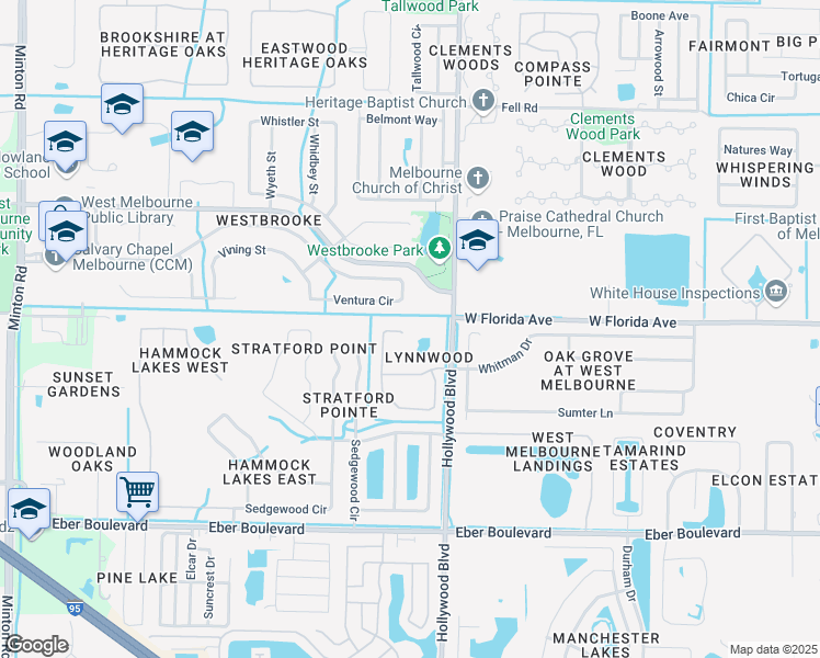map of restaurants, bars, coffee shops, grocery stores, and more near 902 Hailey Street in West Melbourne