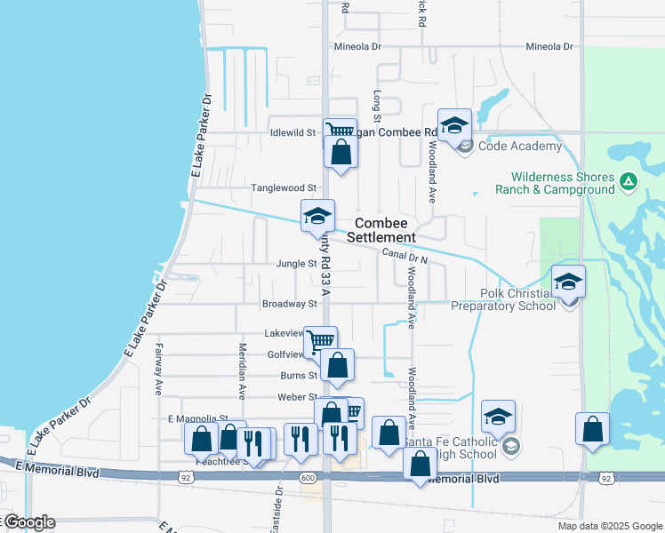map of restaurants, bars, coffee shops, grocery stores, and more near 1035 North Combee Road in Lakeland