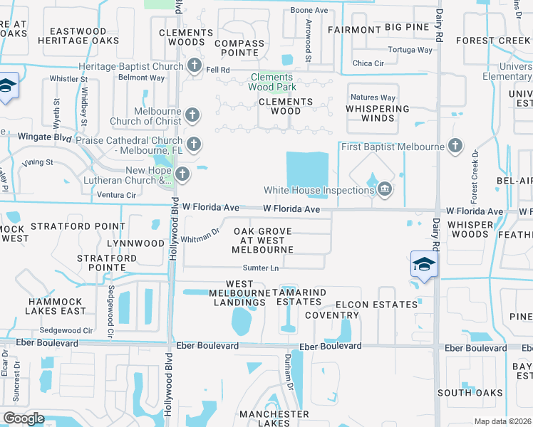 map of restaurants, bars, coffee shops, grocery stores, and more near 1531 Whitman Drive in West Melbourne