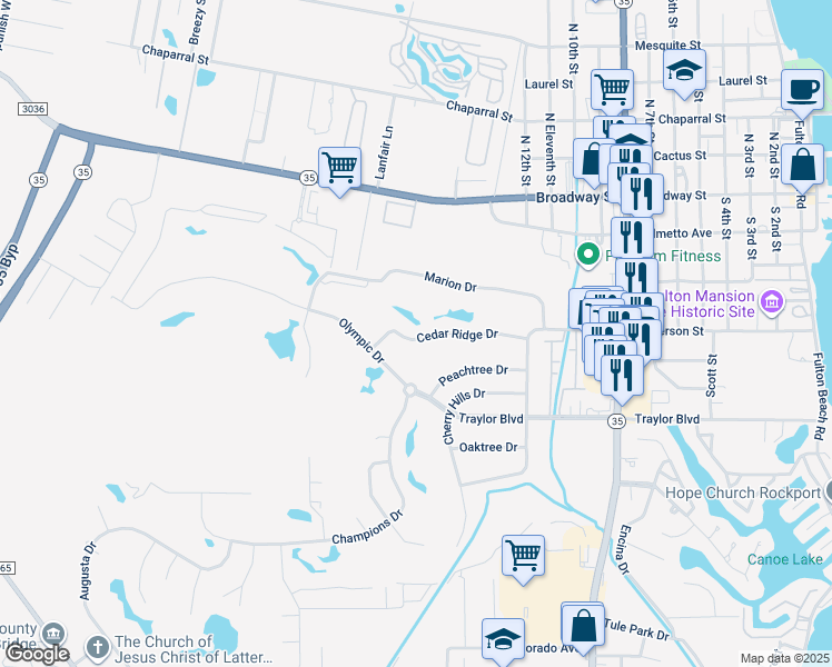 map of restaurants, bars, coffee shops, grocery stores, and more near 132 Cedar Ridge Drive in Rockport