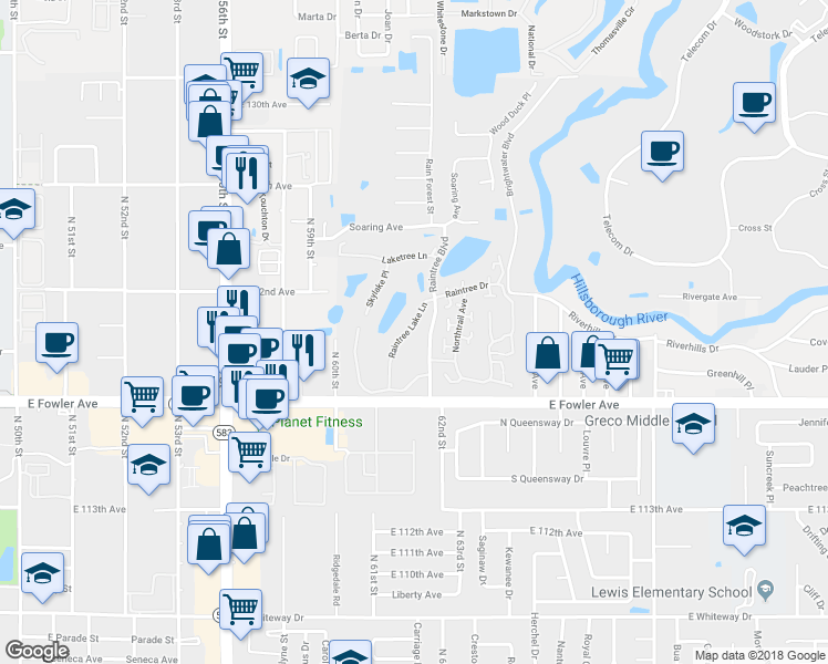 map of restaurants, bars, coffee shops, grocery stores, and more near 11820 Raintree Lake Lane in Tampa