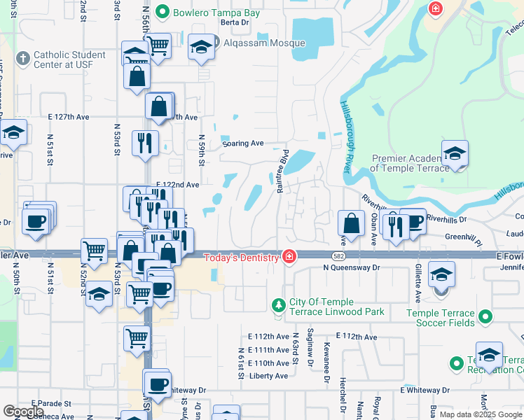 map of restaurants, bars, coffee shops, grocery stores, and more near 11820 Raintree Lake Lane in Tampa