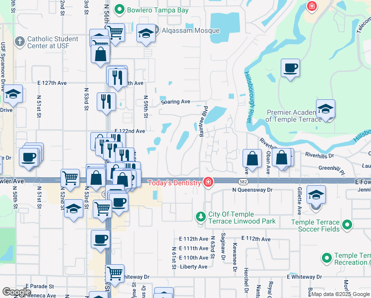 map of restaurants, bars, coffee shops, grocery stores, and more near 11831 Skylake Place in Tampa