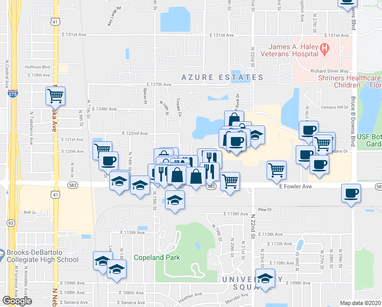 map of restaurants, bars, coffee shops, grocery stores, and more near 11757 North Elmer Street in Tampa