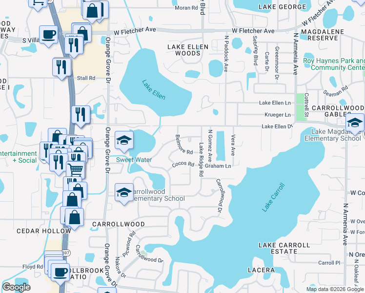 map of restaurants, bars, coffee shops, grocery stores, and more near 11801 Lipsey Road in Greater Carrollwood