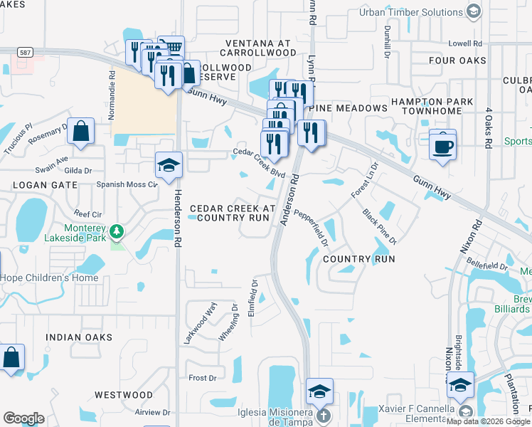 map of restaurants, bars, coffee shops, grocery stores, and more near 5912 Bitterwood Court in Tampa
