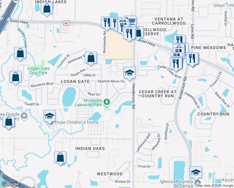 map of restaurants, bars, coffee shops, grocery stores, and more near 12506 Citrus Valley Drive in Tampa