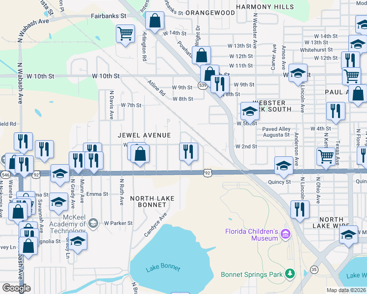 map of restaurants, bars, coffee shops, grocery stores, and more near 1045 Crestview Avenue in Lakeland