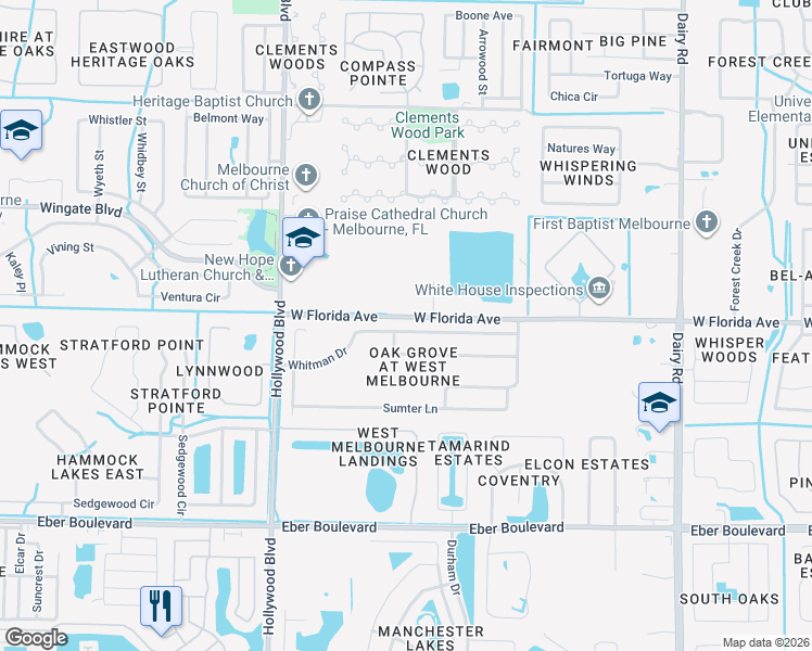 map of restaurants, bars, coffee shops, grocery stores, and more near 3120 Florida Avenue West in Melbourne