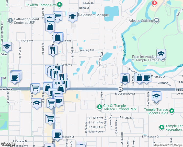 map of restaurants, bars, coffee shops, grocery stores, and more near 11831 Skylake Place in Tampa