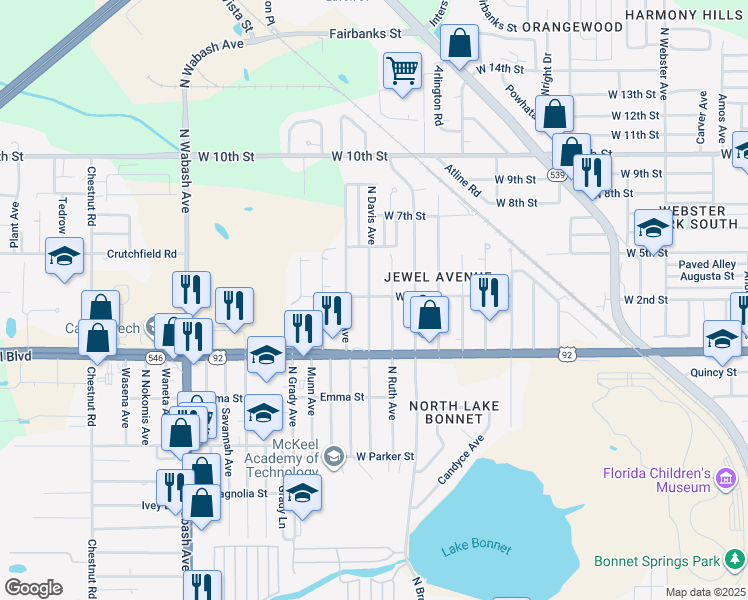 map of restaurants, bars, coffee shops, grocery stores, and more near 1057 North Davis Avenue in Lakeland