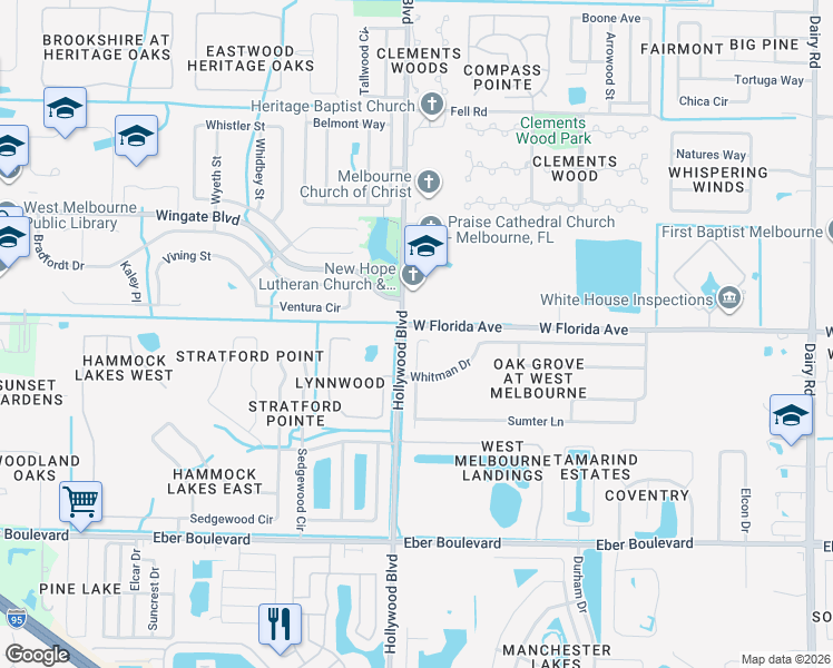 map of restaurants, bars, coffee shops, grocery stores, and more near 934 Bryce Lane in West Melbourne