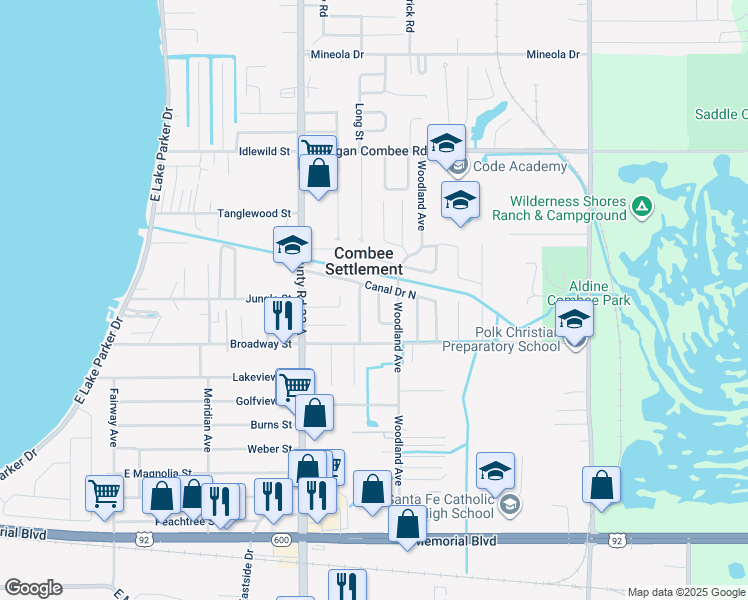 map of restaurants, bars, coffee shops, grocery stores, and more near 1052 Pineview Place in Lakeland