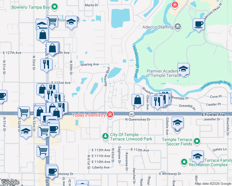map of restaurants, bars, coffee shops, grocery stores, and more near 6325 Bentbranch Court in Tampa