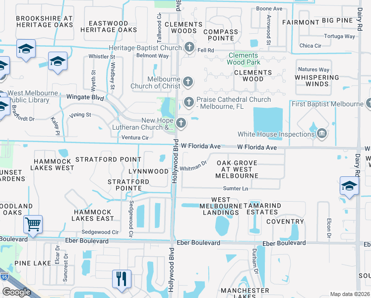 map of restaurants, bars, coffee shops, grocery stores, and more near 934 Bryce Lane in West Melbourne