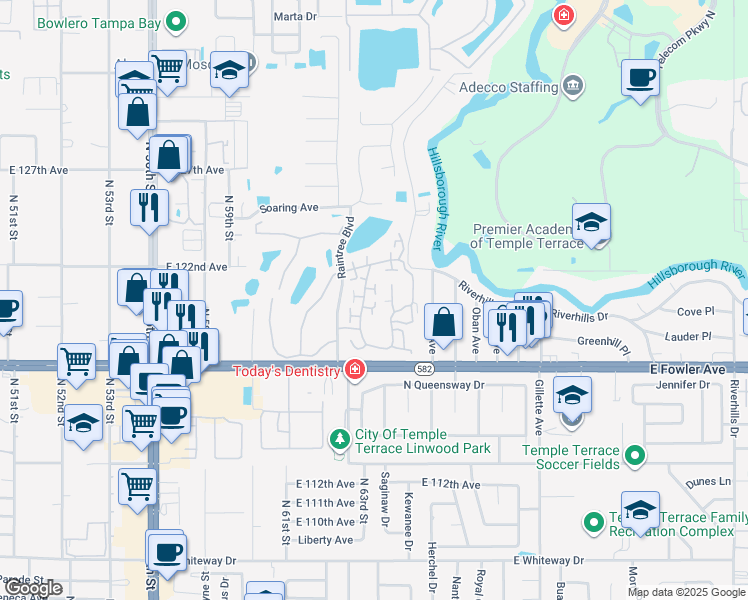 map of restaurants, bars, coffee shops, grocery stores, and more near 6341 Bentbranch Court in Tampa