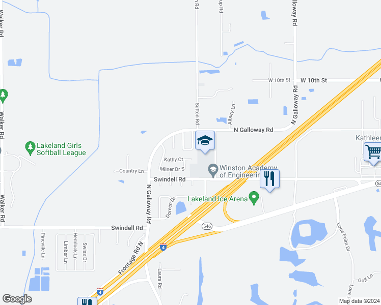 map of restaurants, bars, coffee shops, grocery stores, and more near 1124 Mercury Drive East in Lakeland