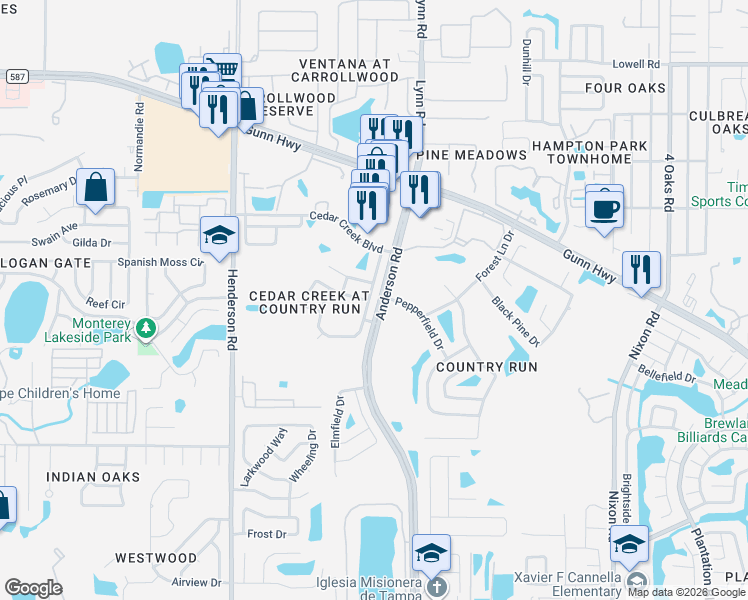 map of restaurants, bars, coffee shops, grocery stores, and more near 11919 Hickorynut Drive in Tampa