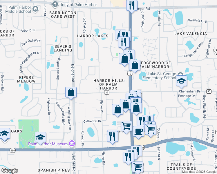 map of restaurants, bars, coffee shops, grocery stores, and more near 754 Wildflower Drive in Palm Harbor