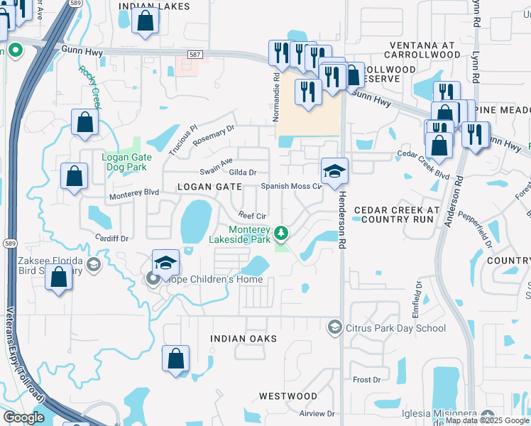 map of restaurants, bars, coffee shops, grocery stores, and more near 6521 Reef Circle in Tampa