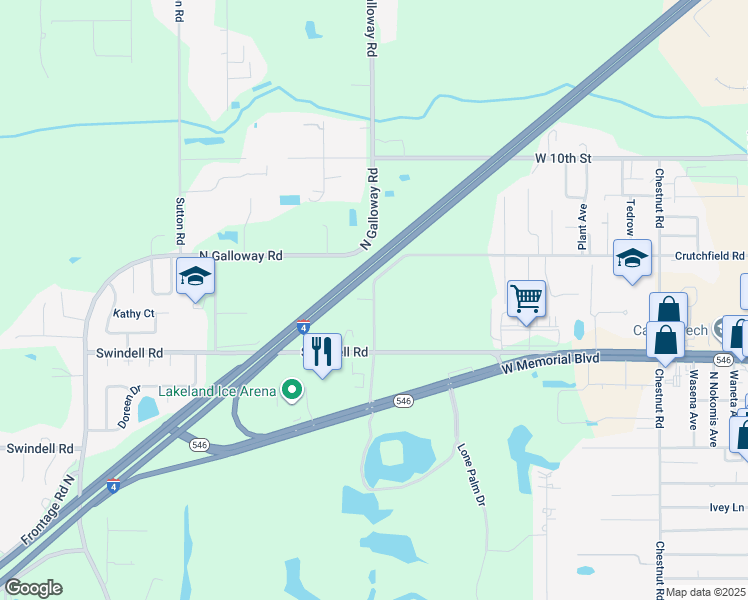 map of restaurants, bars, coffee shops, grocery stores, and more near 3225 Crutchfield Road in Lakeland