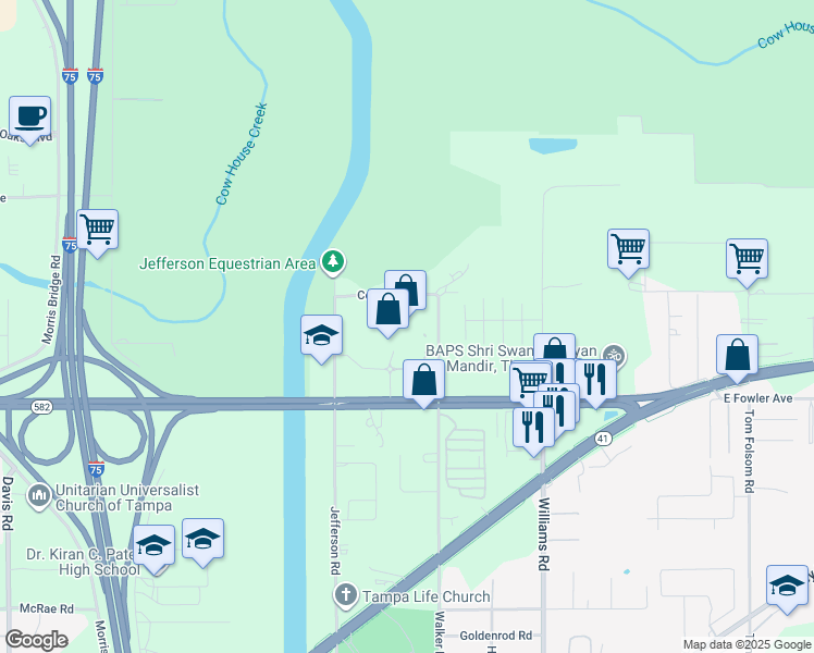 map of restaurants, bars, coffee shops, grocery stores, and more near 9250 East Fowler Avenue in Thonotosassa