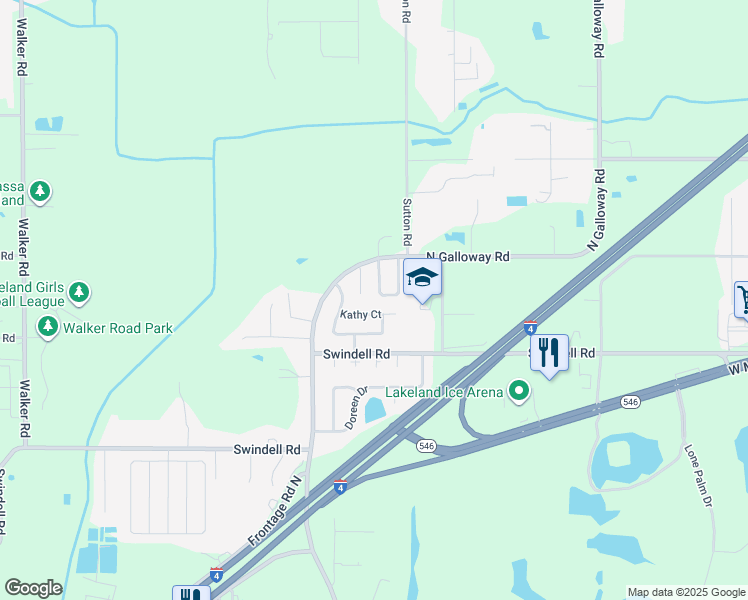 map of restaurants, bars, coffee shops, grocery stores, and more near 1124 Mercury Drive East in Lakeland