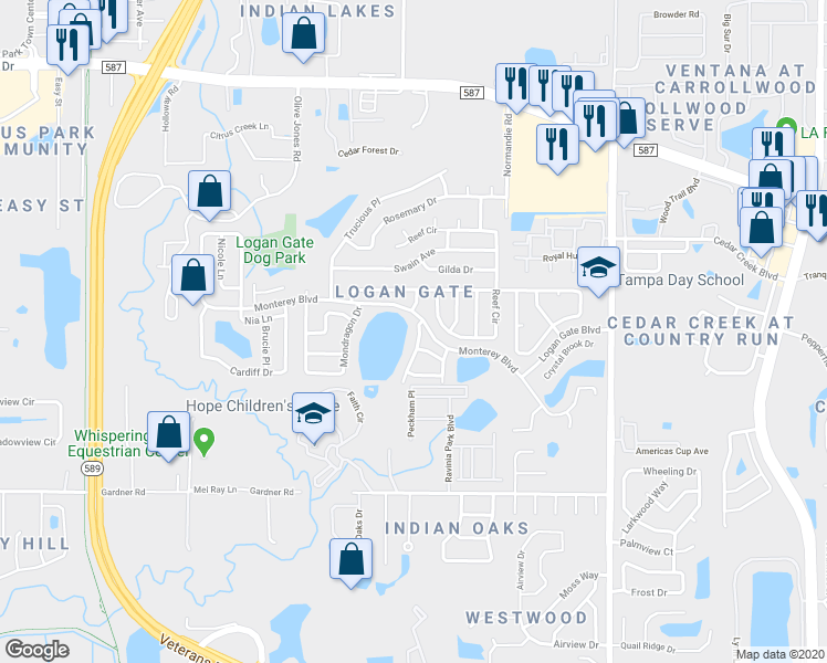 map of restaurants, bars, coffee shops, grocery stores, and more near 12508 Queensland Lane in Tampa