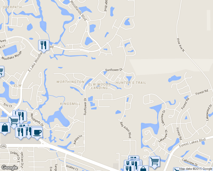 map of restaurants, bars, coffee shops, grocery stores, and more near 295 Woods Landing Trail in Oldsmar