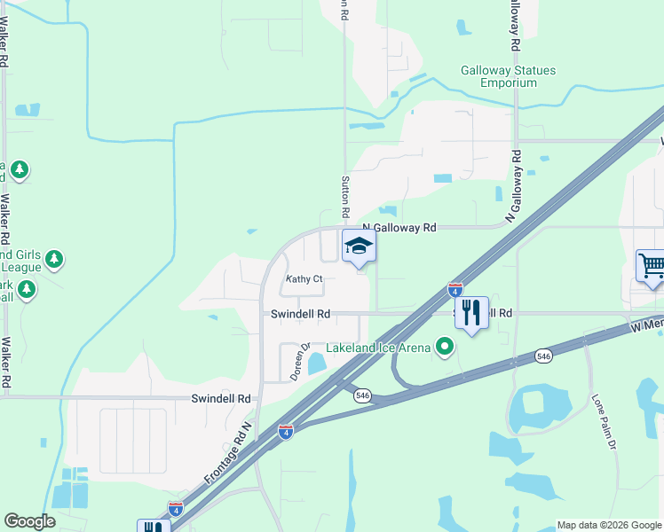 map of restaurants, bars, coffee shops, grocery stores, and more near 1105 Mercury Drive East in Lakeland