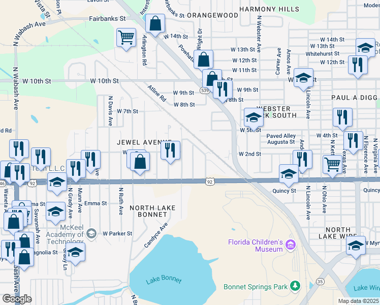 map of restaurants, bars, coffee shops, grocery stores, and more near 1104 North Marion Avenue in Lakeland