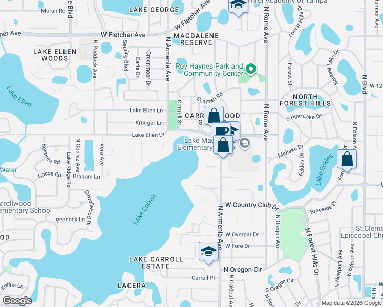 map of restaurants, bars, coffee shops, grocery stores, and more near 12202 North Armenia Avenue in Tampa