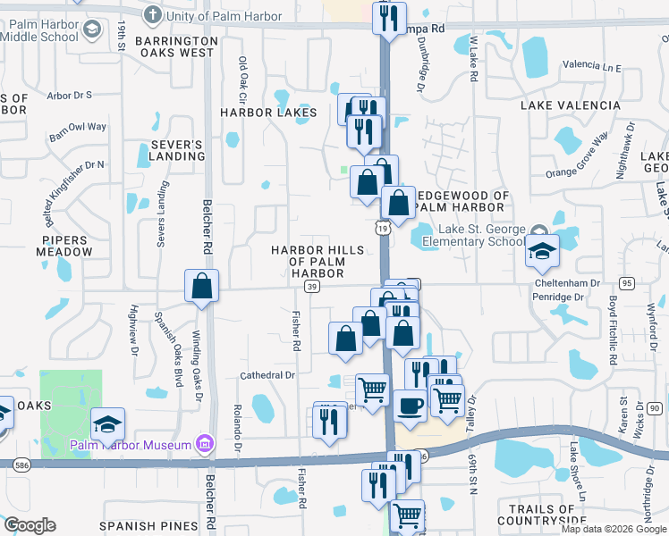 map of restaurants, bars, coffee shops, grocery stores, and more near 775 Wildflower Drive in Palm Harbor