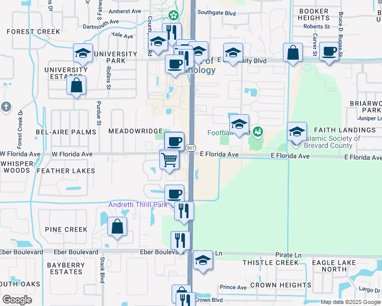 map of restaurants, bars, coffee shops, grocery stores, and more near S Babcock St & W Florida Ave in Melbourne