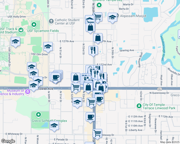 map of restaurants, bars, coffee shops, grocery stores, and more near 12105 North 53rd Street in Temple Terrace