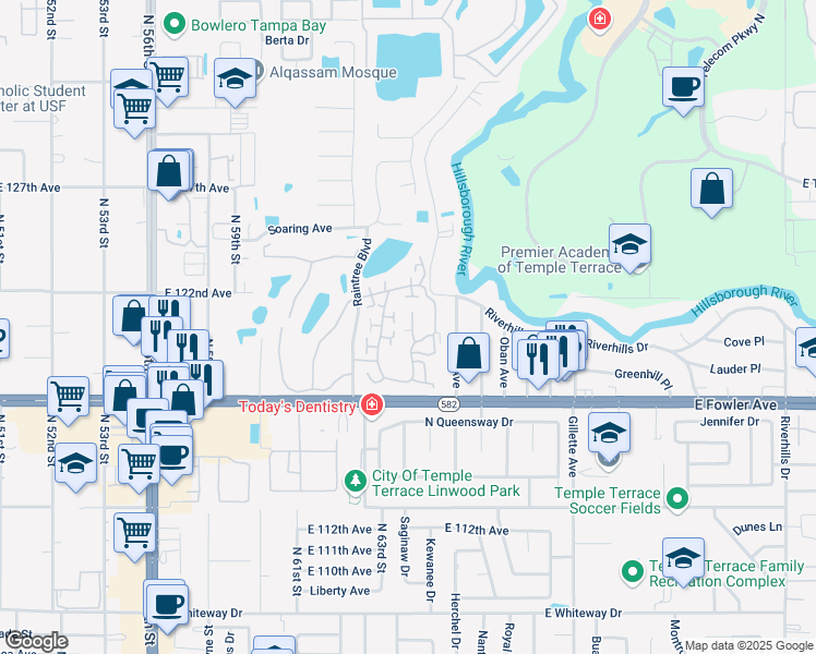 map of restaurants, bars, coffee shops, grocery stores, and more near 11861 Wildeflower Place in Tampa