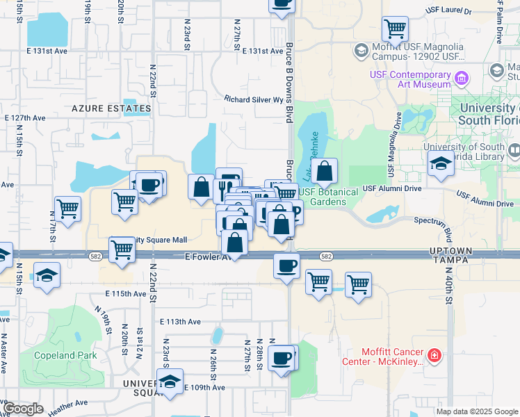 map of restaurants, bars, coffee shops, grocery stores, and more near 2850 University Square Drive in Tampa